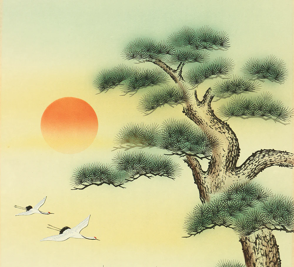 心蓮 SHINREN Japanese art kakejiku kakemono wall hanging scroll / TAKASAGO Longevity Old Man Old Woman Rising Sun Crane Turtle Box I612 - Image 5