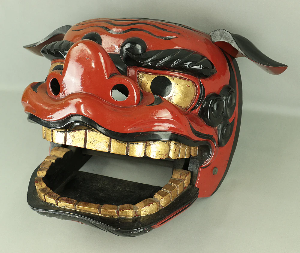 Shishigashira Japanese Old lacquered Gilt with eyes and tooth Shishimai head Mask Kagura Lion head Shinto tool ornament Okimono V708 - Image 17