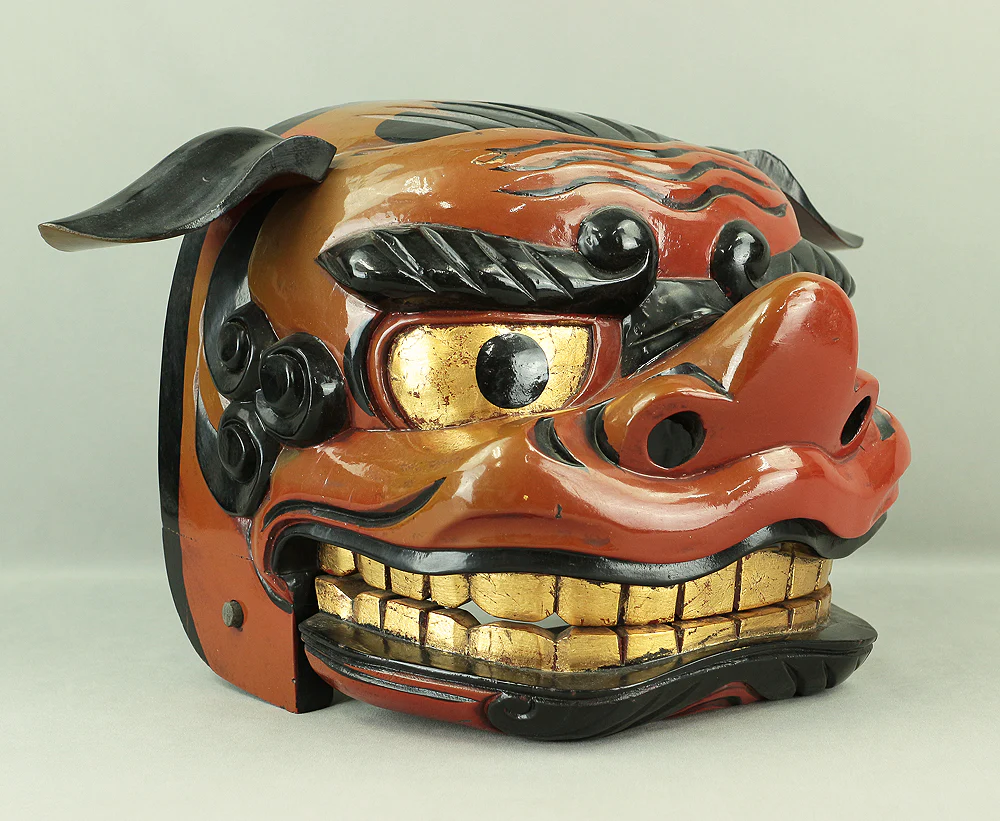 Shishigashira Japanese Old lacquered Gilt with eyes and tooth Shishimai head Mask Kagura Lion head Shinto tool ornament Okimono V708 - Image 22