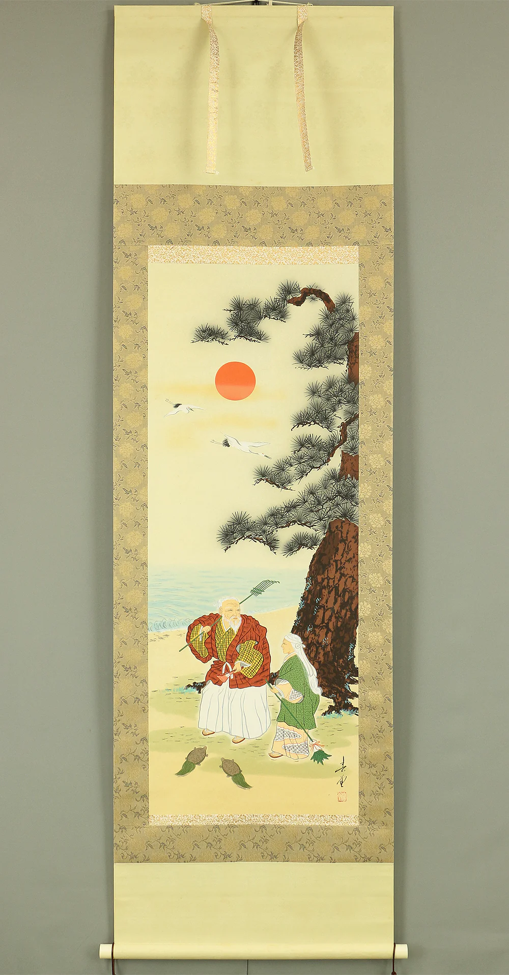 春堂 SHUNDO TAKASAGO Hoping for Longevity Old couple Rising Sun Crane Turtle Box W358 / Japanese art kakejiku kakemono wall hanging scroll - Image 2