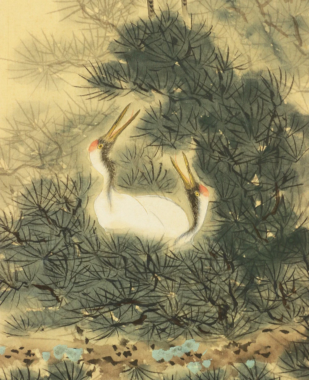 大挙 TAIKYO "Crane's nest on pine tree" M173 / Japanese art Makuri silk painting - Image 4