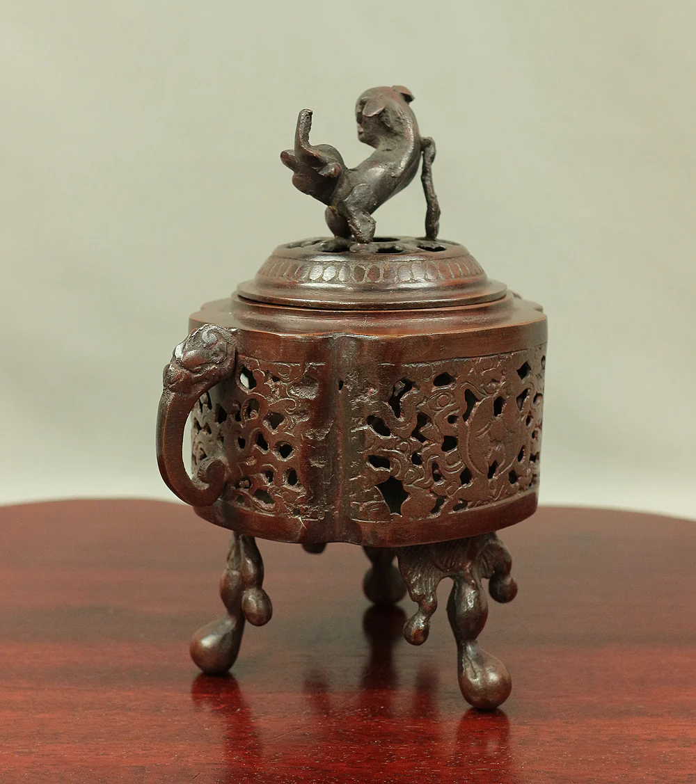 Tripod Openwork Shishi lion foo dog Casting copper incense burner 村田宏 Murata Hiroshi (b1936) - 瑞峰 Zuiho / Japanese tea ceremony utensil tool with Original Box V526 - Image 11