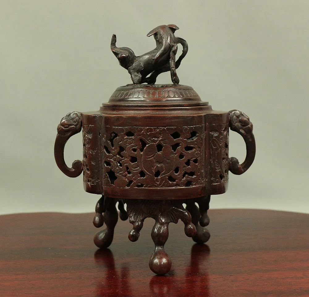 Tripod Openwork Shishi lion foo dog Casting copper incense burner 村田宏 Murata Hiroshi (b1936) - 瑞峰 Zuiho / Japanese tea ceremony utensil tool with Original Box V526 - Image 12