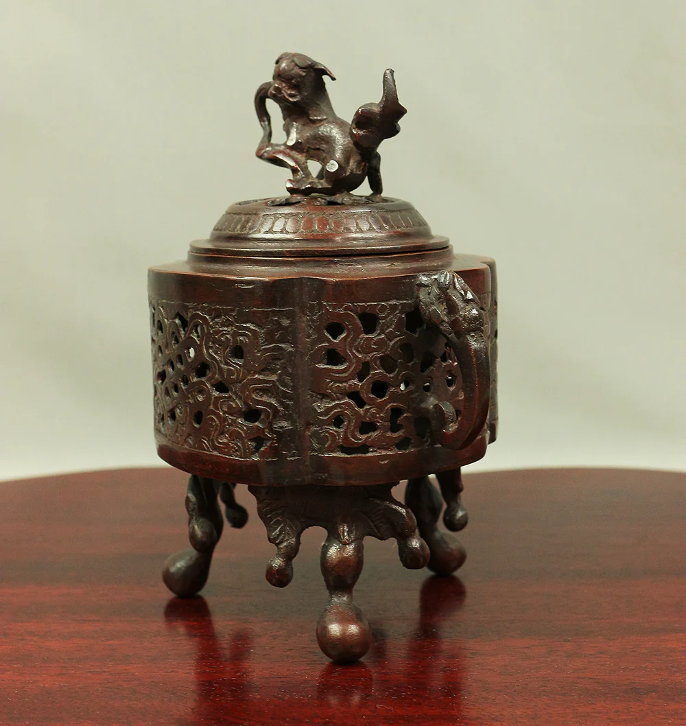 Tripod Openwork Shishi lion foo dog Casting copper incense burner 村田宏 Murata Hiroshi (b1936) - 瑞峰 Zuiho / Japanese tea ceremony utensil tool with Original Box V526 - Image 8