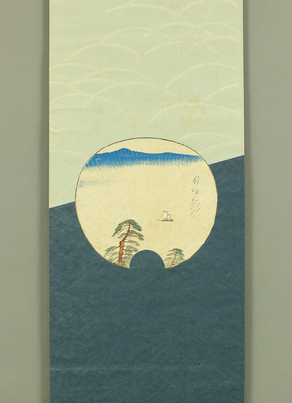 蔦谷龍岬 TSUTAYA RYUKO 1886~1933 Round Fan Sailing Boat Pine Tree Scenery Box I797 / Japanese art painting kakejiku kakemono wall hanging scroll