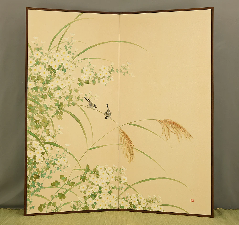 Two Little Birds and Autumn Flowers Chrysanthemums Pampas Grass Byobu Two Panels Folding Screens Room Dividers VA954
