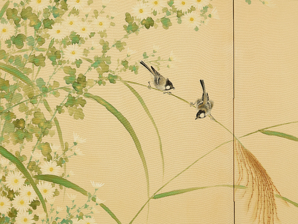 Two Little Birds and Autumn Flowers Chrysanthemums Pampas Grass Byobu Two Panels Folding Screens Room Dividers VA954 - Image 11