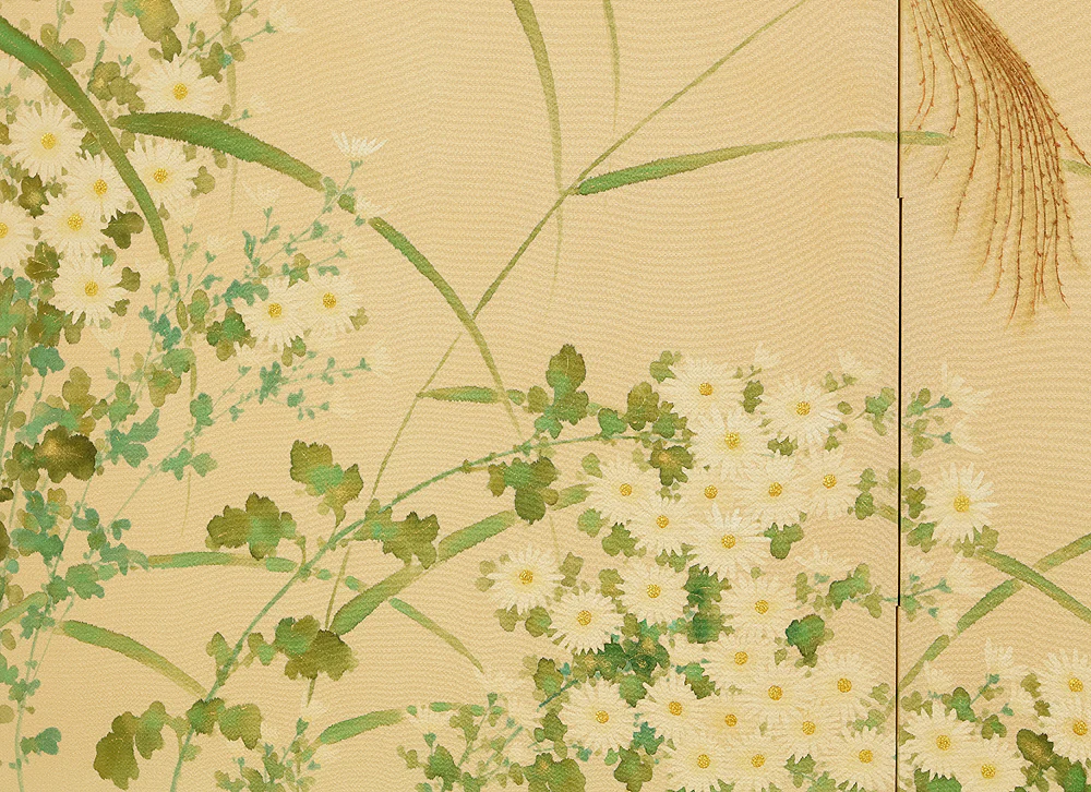 Two Little Birds and Autumn Flowers Chrysanthemums Pampas Grass Byobu Two Panels Folding Screens Room Dividers VA954 - Image 15