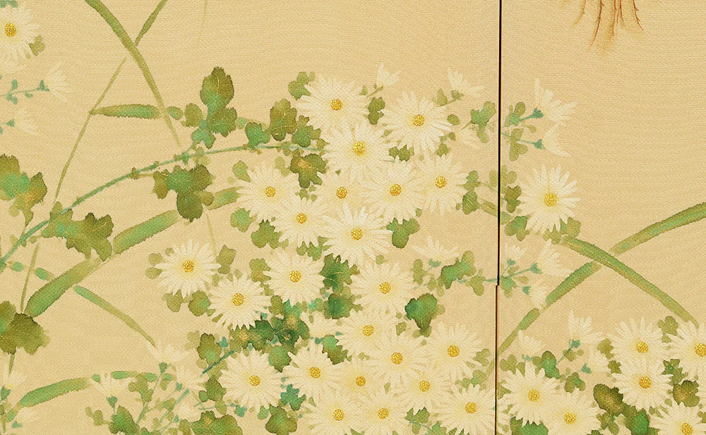 Two Little Birds and Autumn Flowers Chrysanthemums Pampas Grass Byobu Two Panels Folding Screens Room Dividers VA954 - Image 17