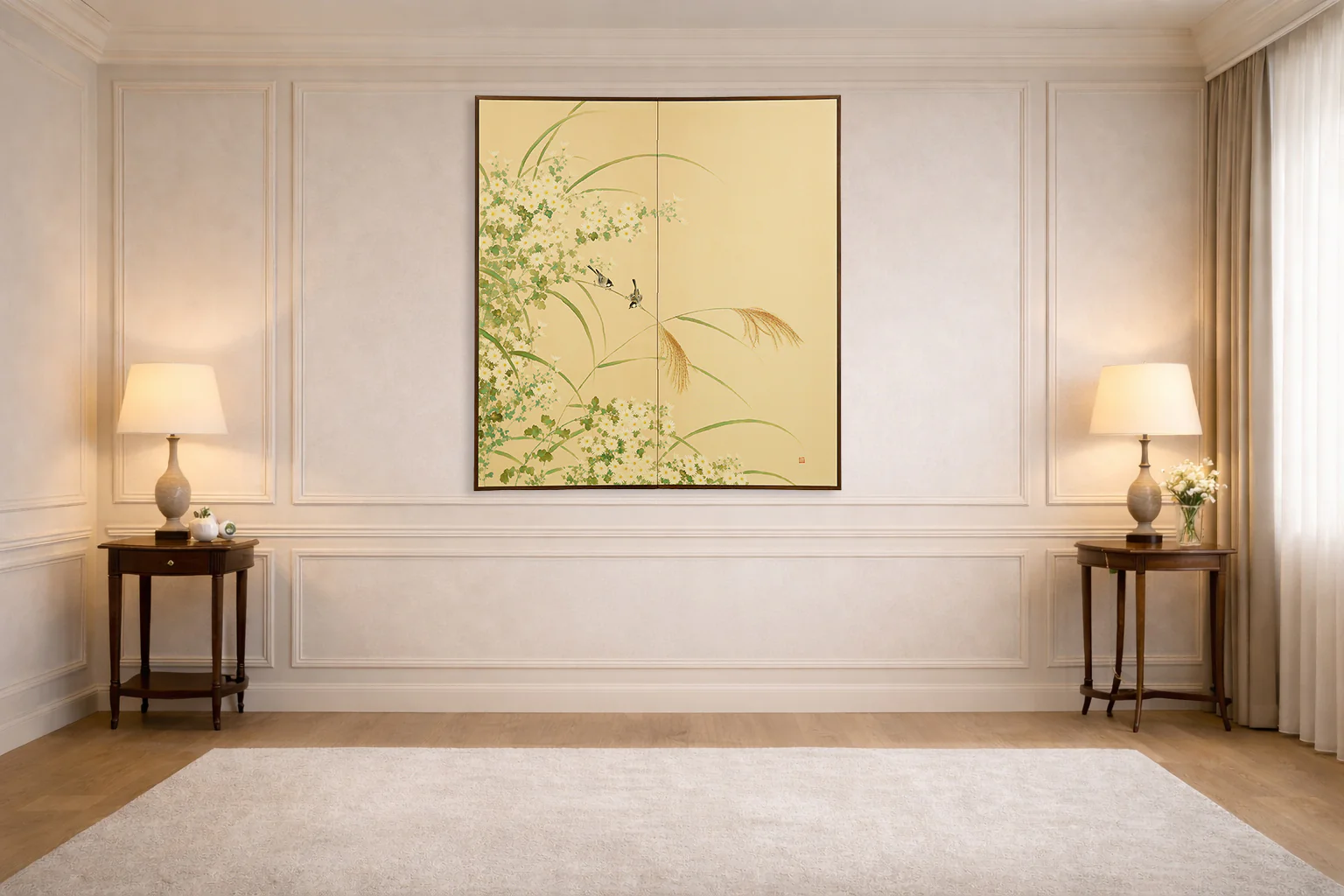 Two Little Birds and Autumn Flowers Chrysanthemums Pampas Grass Byobu Two Panels Folding Screens Room Dividers VA954 - Image 2