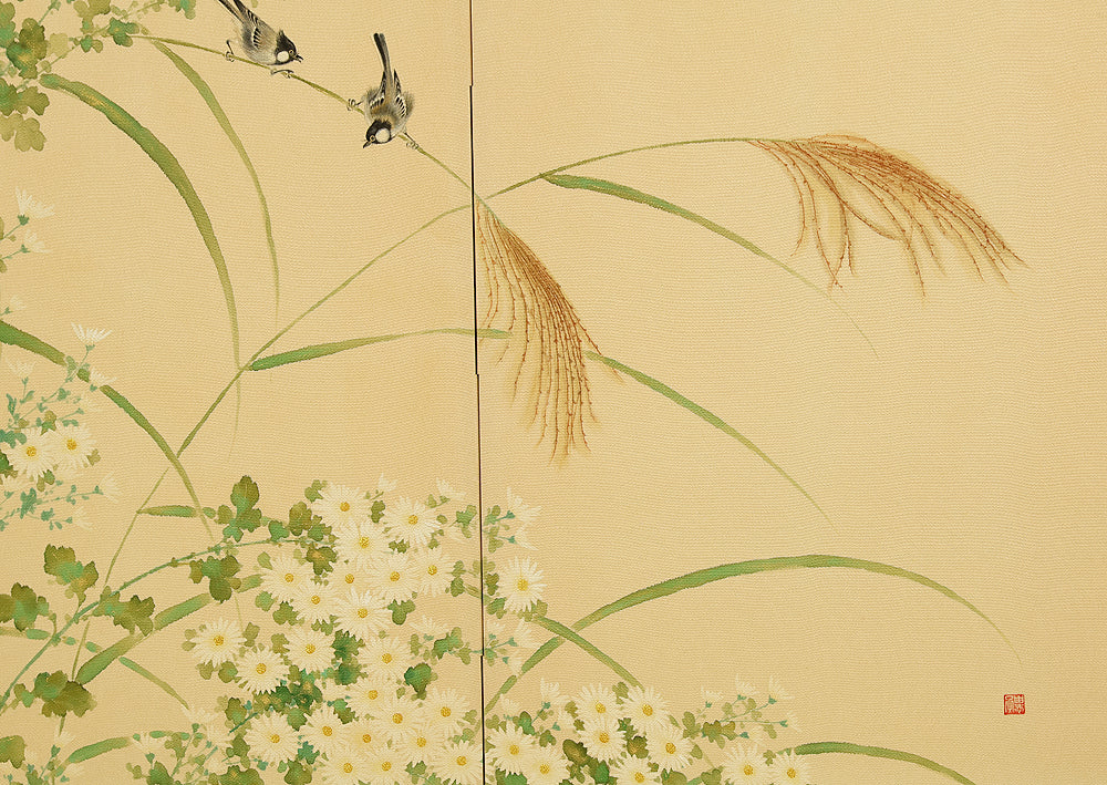 Two Little Birds and Autumn Flowers Chrysanthemums Pampas Grass Byobu Two Panels Folding Screens Room Dividers VA954 - Image 20