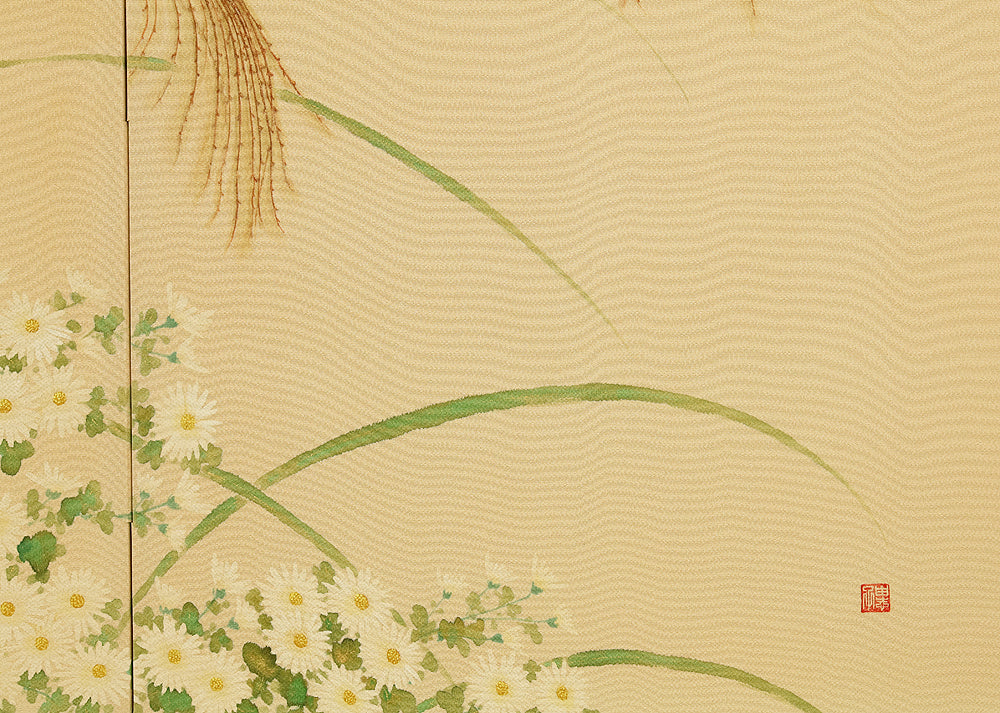 Two Little Birds and Autumn Flowers Chrysanthemums Pampas Grass Byobu Two Panels Folding Screens Room Dividers VA954 - Image 23