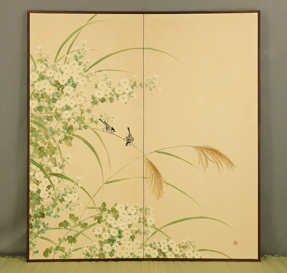 Two Little Birds and Autumn Flowers Chrysanthemums Pampas Grass Byobu Two Panels Folding Screens Room Dividers VA954 - Image 3