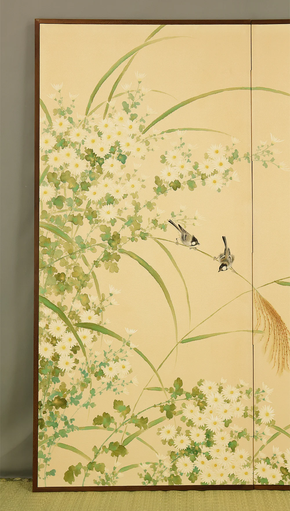 Two Little Birds and Autumn Flowers Chrysanthemums Pampas Grass Byobu Two Panels Folding Screens Room Dividers VA954 - Image 4