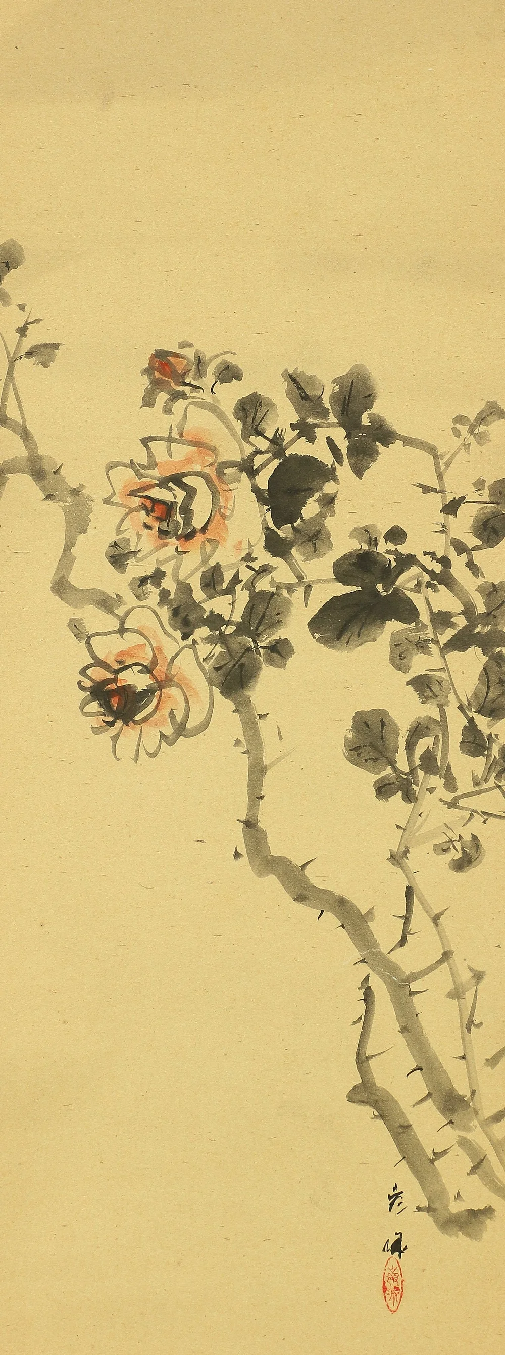 宇野嶺城 UNO REIJO 1854~? served as an art teacher "Two roses flowers" W360 Japanese antique art kakejiku kakemono wall hanging scroll painting - Image 4