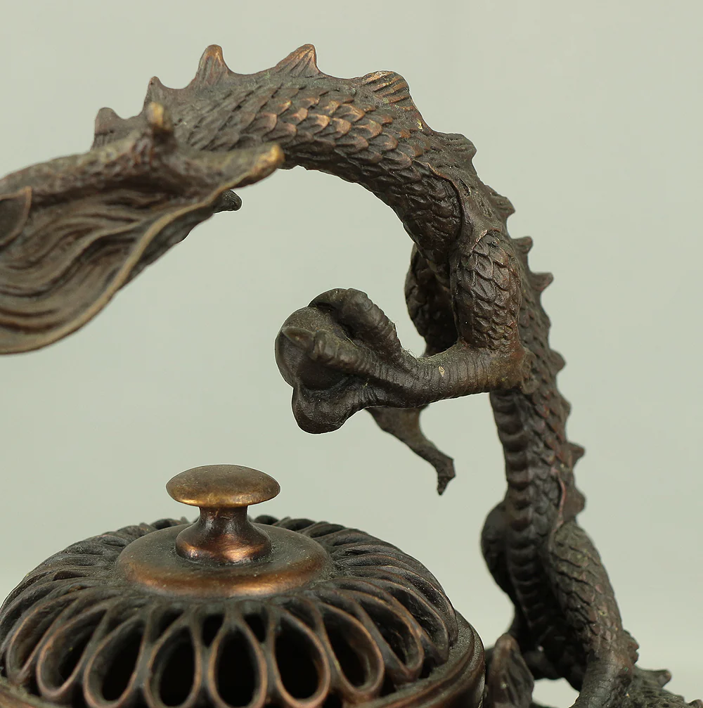 Unryu 雲龍 (Dragon and Cloud) Lost-Wax Casting Copper Tripod Koro Incense Burner Censer VA231 - Image 11