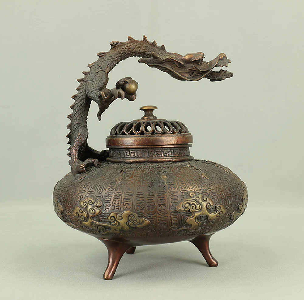 Unryu 雲龍 (Dragon and Cloud) Lost-Wax Casting Copper Tripod Koro Incense Burner Censer VA231 - Image 26