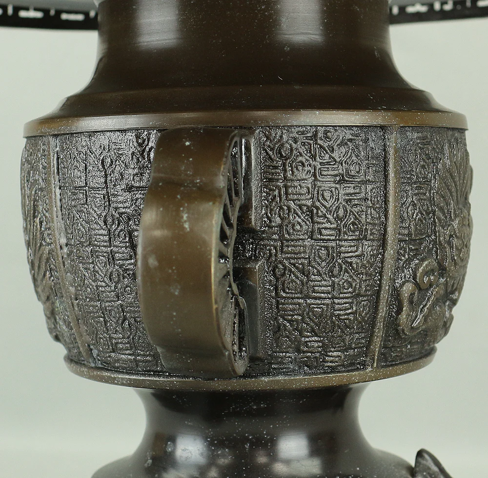 Usubata Flat-Topped Bronze Vase Phoenix and Shishi Lion design with inscription 大日本文政年整珉鋳 Japanese Ikebana flower arrangement vase V902 - Image 20