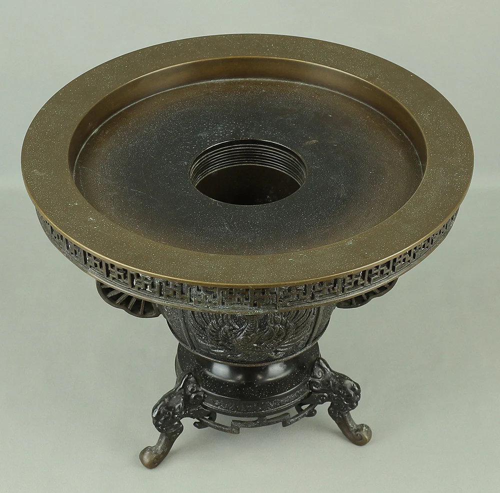 Usubata Flat-Topped Bronze Vase Phoenix and Shishi Lion design with inscription 大日本文政年整珉鋳 Japanese Ikebana flower arrangement vase V902 - Image 23