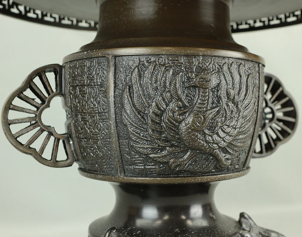 Usubata Flat-Topped Bronze Vase Phoenix and Shishi Lion design with inscription 大日本文政年整珉鋳 Japanese Ikebana flower arrangement vase V902 - Image 6