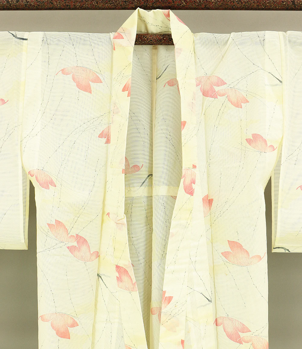 Usumono Japanese Kimono Thin For Summer with White based color Pattern Willows and Butterflies KI163 - Image 11