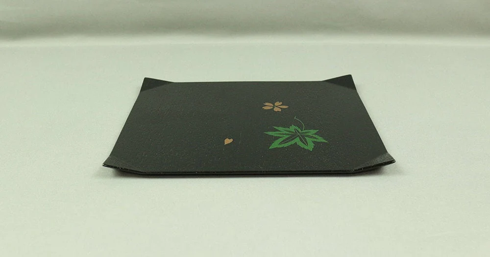 Wooden Black Plate Tray "Sakura Cherry Petal & Maple Leaf" Japanese Tea Ceremony V350 / Japan Post-1940 Wood Art Square Craft
