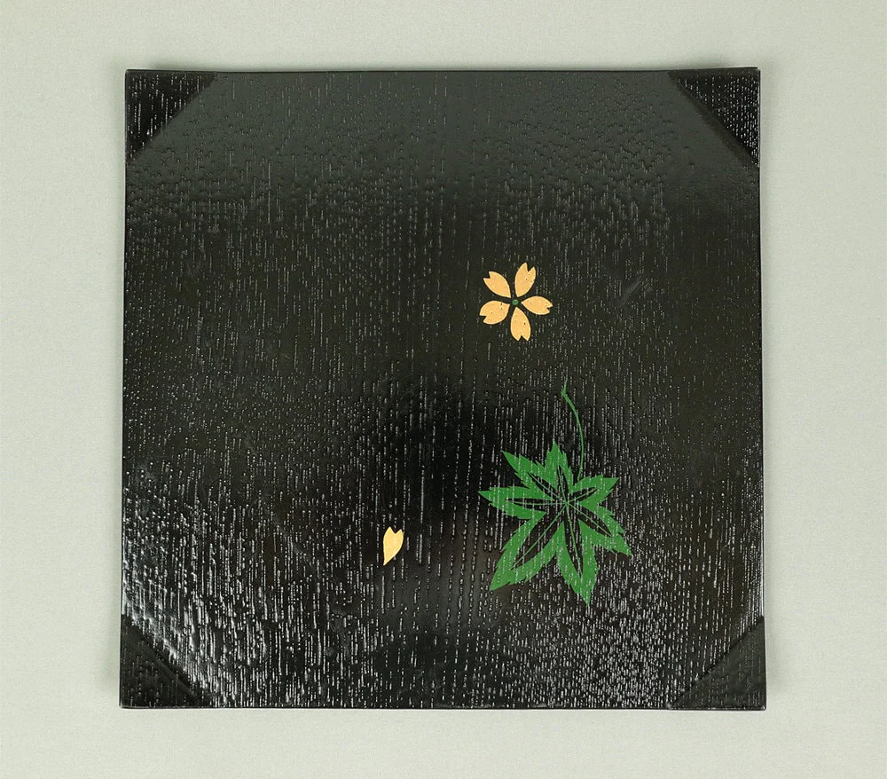 Wooden Black Plate Tray "Sakura Cherry Petal & Maple Leaf" Japanese Tea Ceremony V350 / Japan Post-1940 Wood Art Square Craft - Image 2