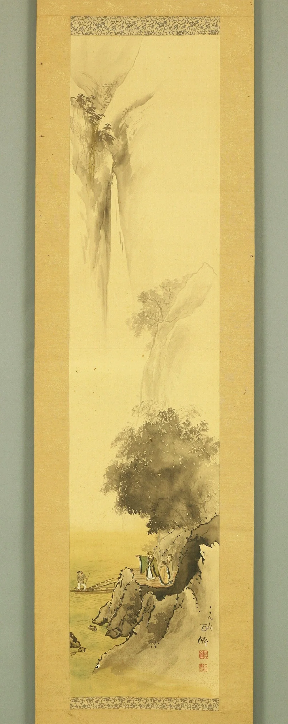 吉田百僲 YOSHIDA HYAKUSEN People Waiting for boating & Waterfall viewing I746 / Japanese antique art kakejiku kakemono wall hanging scroll - Image 3